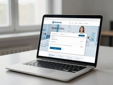 Laptop screen on a neutral desk showing a medical clinic website with appointment booking interface, soft north-facing window light