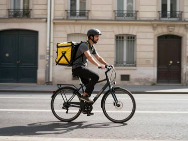 A courier on an electric bicycle riding through a sunny Parisian street, carrying a delivery backpack, crisp action shot, 35mm lens