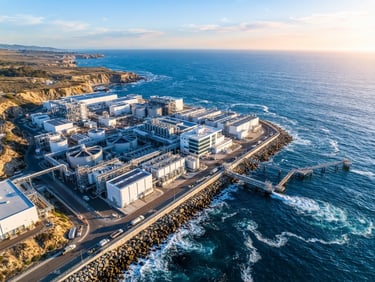 Wide aerial drone shot of a modern coastal desalination facility at sunrise, deep ocean water on one side, crisp industrial architecture, bright natural daylight.