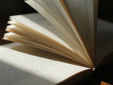 Macro shot of physical book pages catching raking light in a dark room, textured paper, moody shadows