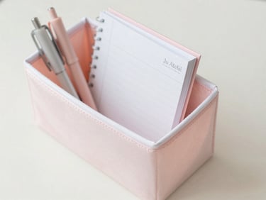 Overhead shot of a neatly organized desk with a Ju Ateliê Criativo fabric organizer holding pens and small notebooks, soft morning light, delicate pastel pink and white tones, shallow depth of field, 50mm