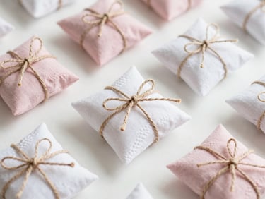 Flat lay of several small Ju Ateliê Criativo handmade textile gifts, wrapped delicately with natural twine, on a clean white surface, soft morning light, delicate pastel pink and white tones, shallow depth of field, 50mm