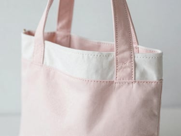 Close-up of a stylish Ju Ateliê Criativo handmade fabric bag on a light gray minimalist background, soft diffused light, focus on stitching details, delicate pastel pink and white tones, shallow depth of field, 50mm