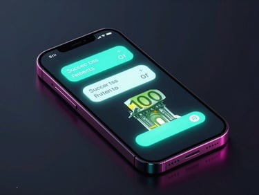 Sleek 3D digital product render of a smartphone screen showing successful transaction alerts in Euros, neon cyan lighting, futuristic tech aesthetic