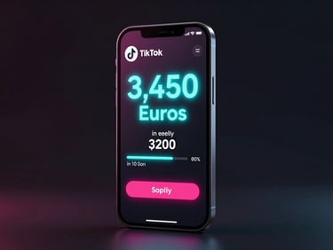Sleek 3D digital product render of a smartphone screen showing a TikTok Shop seller panel with 3,450 Euros in weekly sales, vibrant neon cyan lighting, dark ambient background