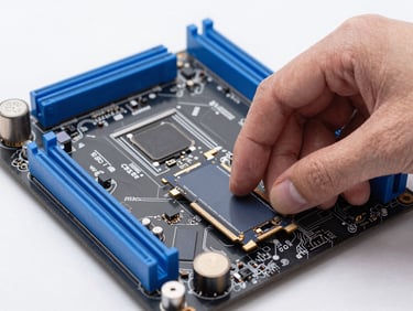 Hands carefully installing a high-speed SSD card into a clean motherboard, cool studio lighting