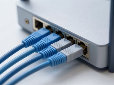 Organized network cables plugged into a sleek modern router, cool-toned daylight
