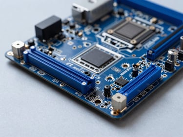 Macro shot of organized and clean computer hardware components, blue motherboard details, cool studio lighting, high contrast technical style