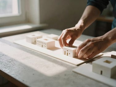 Atmospheric close-up of hands arranging architectural models on a concrete table, soft window shadows.