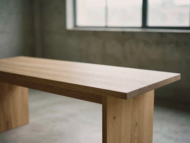 Close-up of minimalist oak furniture in a sunlit concrete loft, soft window light, warm editorial photography style