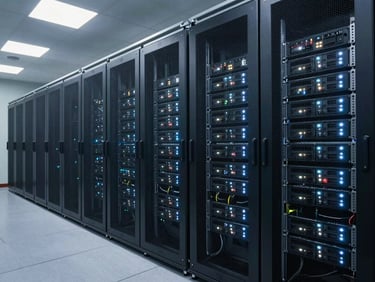 Wide environmental shot of a government-grade server rack room, institutional overhead LED lighting illuminating rows of mounted 1U servers with blinking status lights, cool white fluorescent cast on steel rails and cable management trays, no people, orderly and operational