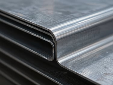 Close-up of a perfectly bent steel sheet edge, clean metallic lines, high contrast industrial lighting, cool steel gray tones, sharp details