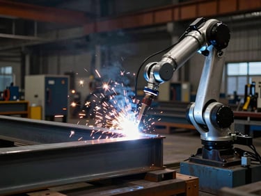 Professional welding station with robotic arm working on structural steel beam, bright sparks, dark factory background