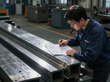 Industrial engineer inspecting technical CAD drawings next to a precision-cut steel profile on the factory floor, dramatic high-contrast factory lighting, cool metallic tones, sharp details