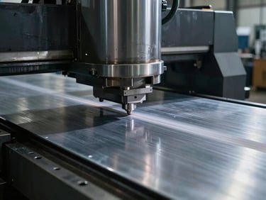Heavy-duty CNC press brake bending a large steel sheet, cool metallic tones, industrial setting