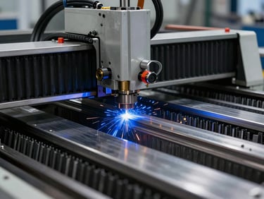 CNC fiber laser cutting machine in action, high-contrast factory lighting, blue sparks, sharp metallic details