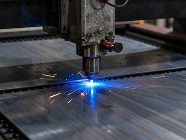 Extreme close-up of a high-power CNC laser cutting through a thick steel sheet, intense blue sparks reflecting off the polished metal, dark industrial atmosphere