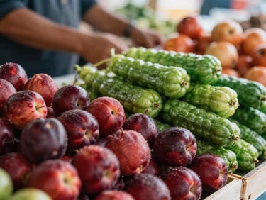 Close-up of a market vendor proudly displaying fresh, ripe produce at their stall, shallow depth of field, soft natural light, warm editorial photography, rich crimson and forest green tones.