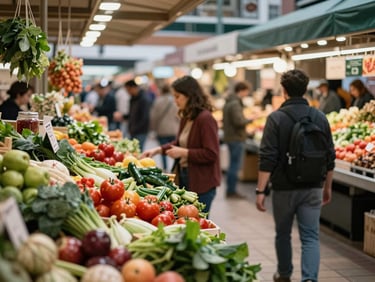 Bustling modern food market, diverse stalls, fresh produce, people interacting, soft ambient light.