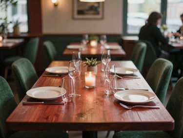 A beautifully set restaurant table with warm ambient lighting, ready for guests, cozy Scandinavian style.