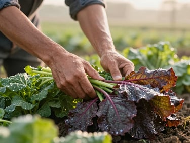 Farmer harvesting fresh produce at dawn, soft morning light, dew on vegetables, close-up on hands.