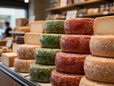 Artisanal cheese counter in a modern food market, abundant display, warm indoor light, focus on textures and colors, shallow depth of field.