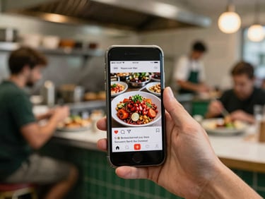 A hand holding a smartphone displaying a beautiful food photo on a social media feed, with a blurred background of a bustling restaurant kitchen.