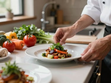 Chef plating a dish in a modern, cozy restaurant kitchen, soft natural light, focus on hands and fresh ingredients.