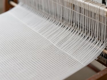 Macro close-up of a high-speed industrial loom weaving raw cotton threads into a dense waffle texture, bright natural daylight, sharp focus on the textile structure.