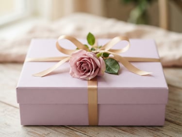 Close-up of a beautifully arranged gift box with a delicate gold ribbon and a single fresh rose, soft morning light, pastel lilac and dusty rose tones, shallow depth of field.