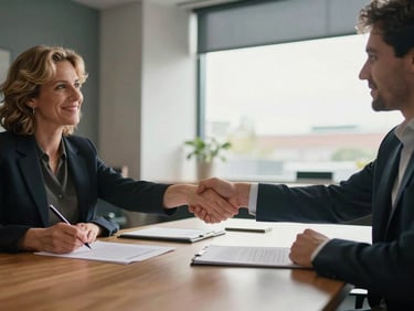 Wide shot of two people shaking hands across a table in a club office, signed documents visible, natural light through a half-open window, relaxed and businesslike atmosphere