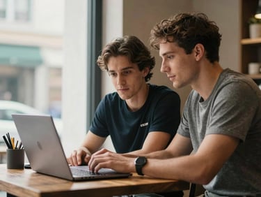Medium shot of a small business owner and a sports club board member sitting across a café table, looking at a laptop screen together, natural daylight from a window to the left