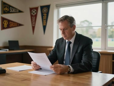 Wide environmental shot of a sports club treasurer at a wooden desk, reviewing papers under natural window light, club pennants visible on the wall behind him, mid-conversation posture