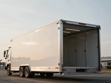 Low-angle heroic shot of a modern clean enclosed car transport trailer parked in a crisp overcast daylight setting, sharp details, 35mm lens