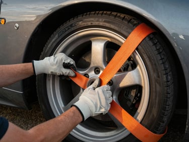 Close-up cinematic editorial shot of a professional driver's hands in clean work gloves securing a classic sports car's wheel inside an enclosed trailer using a soft orange tie-down strap, high-contrast overcast daylight, sharp details, 35mm lens.