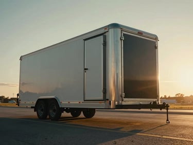 Low-angle heroic shot of a modern enclosed transport trailer at golden hour, low-sun casting long shadows on asphalt, rich desaturated tones