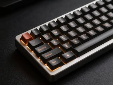 Close-up product thumbnail of a mechanical keyboard on near-black background, amber accent rim light on left edge