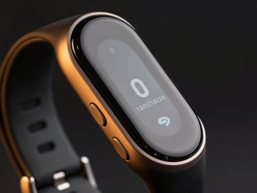Close-up product thumbnail of a smart fitness tracker wristband on near-black background, amber accent rim light on left edge