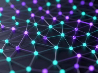 Abstract digital network nodes glowing with violet and teal light, dark futuristic tech aesthetic, macro detail, 8k