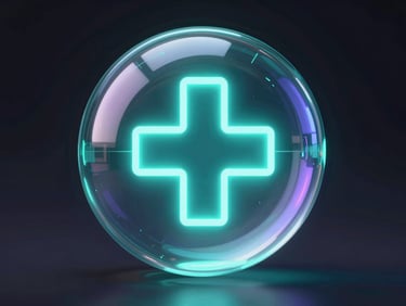 Sleek 3D render of a glowing digital medical cross inside a glassmorphic sphere, dark futuristic tech aesthetic, neon teal backlighting, 8k