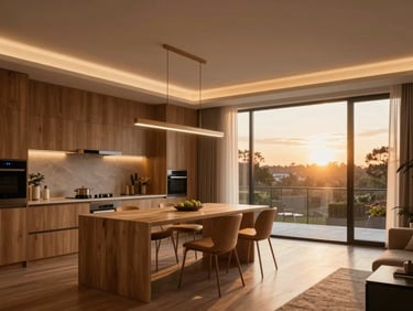Warm residential interior showing a modern kitchen and dining area with soft linear LED lighting, natural wood finishes, warm sunset light coming through large windows, 35mm