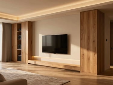 Elegant minimalist living room with custom wooden cabinetry concealing audio equipment, a sleek wall-mounted control panel with soft warm backlight, high-end design, 35mm