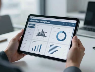 Close-up of a digital tablet showing a construction management dashboard with charts and data, held by an engineer in a clean, modern office, cool overcast daylight, desaturated petroleum blue and slate gray tones, sharp focus, 35mm lens.