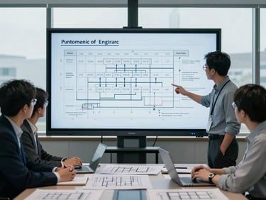 Engineers in a meeting room analyzing a complex project timeline on a large screen, with architectural drawings on the table, cool overcast daylight, desaturated petroleum blue and slate gray tones, sharp focus, 35mm lens.