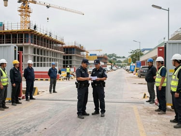 Wide shot of an active construction site perimeter at overcast daylight, uniformed security officer reviewing entry log at the gate, workers in hard hats visible behind barriers — documentary framing, no posed smiles