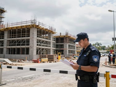 Wide panoramic shot of an active construction site at overcast midday, a uniformed security guard at a perimeter checkpoint reviewing an access log clipboard, scaffolding and half-built structure visible behind, no posed elements