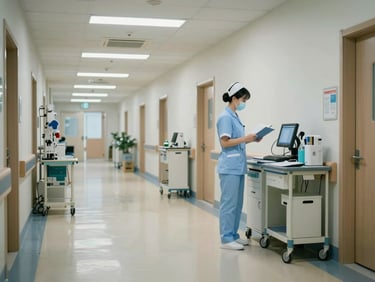 Wide-angle view of an active hospital corridor, a nurse in uniform conducting a chart check at a station, overhead fluorescent lights reflecting on polished linoleum floor, medical equipment trolleys visible, no posed elements