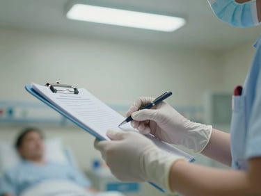 Close-up of a nurse's gloved hands conducting a patient assessment on a hospital ward, clinical chart visible in background, institutional fluorescent overhead light, documentary framing — no posed portrait