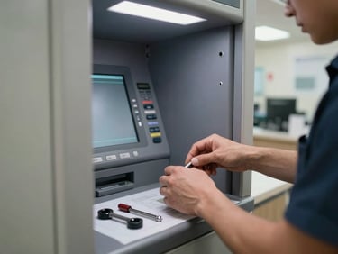 Maintenance technician's hands working on open ATM machine panel in a bank branch, tools laid out on a clean mat, institutional fluorescent lighting from above, tight documentary close-up — no portraits
