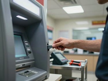 Close-up of a technician's hands opening an ATM service panel inside a bank branch, fluorescent ceiling light overhead, diagnostic tools on a steel cart beside the machine, bank interior visible in background